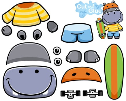 Vector illustration of cartoon hippo in skater costume with skateboard. Cutout and gluing