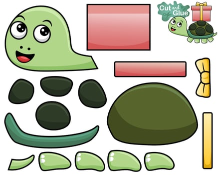 Vector illustration of cartoon turtle carrying box gift on its back. Cutout and gluing