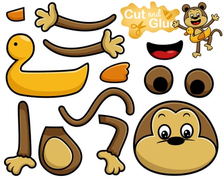 Vector illustration of cartoon monkey with duck swim ring. Cutout and gluing