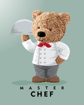 vector illustration of bear doll in chef costume with platter