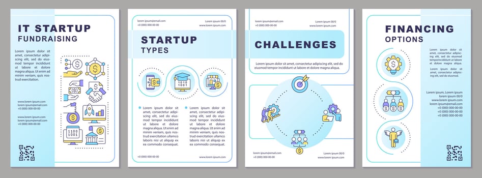IT startup fundraising blue gradient brochure template. Leaflet design with linear icons. 4 vector layouts for presentation, annual reports