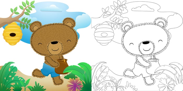Cute bear cartoon holding honey jar in forest vector