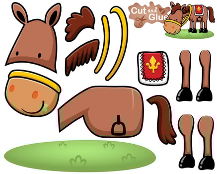 Vector illustration of cartoon horse with paddle eating grass. Cutout and gluing