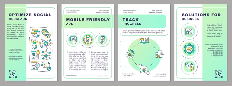 Optimize social media ads green gradient brochure template. SMM strategy. Leaflet design with linear icons. 4 vector layouts for presentation, annual reports