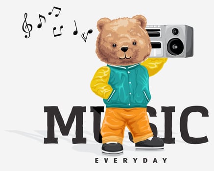 vector illustration of bear doll in hip hop style fashion carrying tape recorder on its shoulders