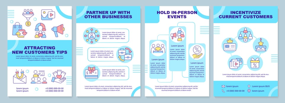 Attracting new customers tips brochure template. Leaflet design with linear icons. Editable 4 vector layouts for presentation, annual reports