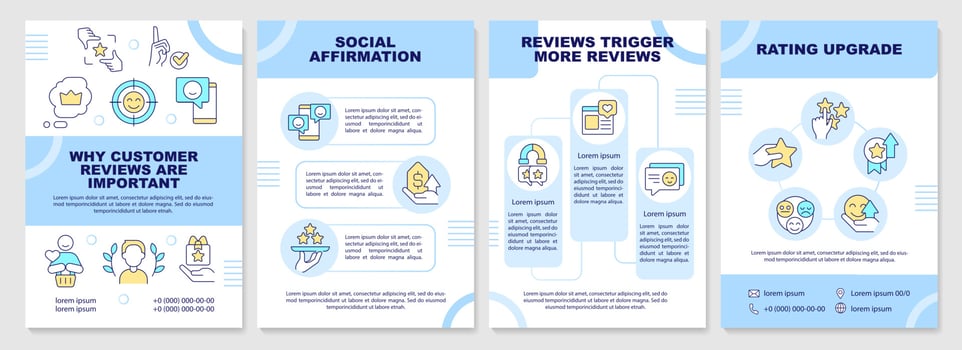 Why customer reviews important blue brochure template. Leaflet design with linear icons. Editable 4 vector layouts for presentation, annual reports