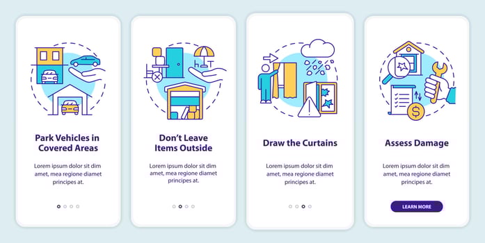 Hailstorm safety onboarding mobile app screen. Park in covered areas walkthrough 4 steps editable graphic instructions with linear concepts. UI, UX, GUI template vector