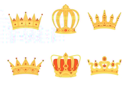 Set of golden crowns of different shapes on a white background. vector