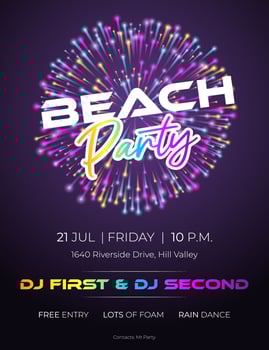 Colorful beach party poster with neon fireworks. Summertime backgrounds. Invitation flyer design. Bright neon brochure, modern trend design, light banner, typography invitation to the party. vector