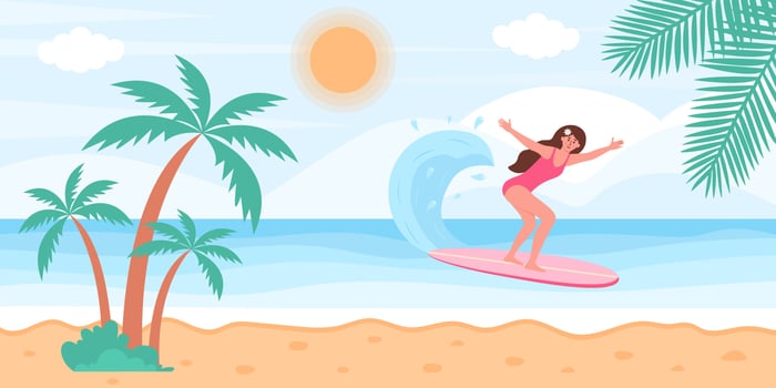 Woman in swimsuit on surfboard in the ocean. Tropical palms on the beach. Summertime, seascape, active sport, surfing, vacation concept. Flat cartoon vector illustration.