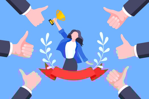 Best worker employee winner with trophy cup inside award ribbon and floral wreath flat style design vector illustration.