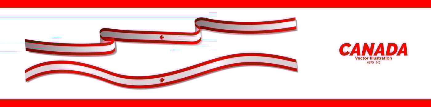 3d Rendered Canadian Flag Ribbons with shadows. Long Flag of Canada Set. Curled and rendered in perspective. Graphic Resource. Editable Vector Illustration.