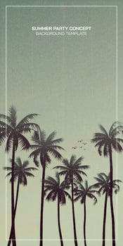 Palm trees silhouette with sunset sky background vertical vector illustration. Summer traveling and party at the beach concept vintage style with blank space.