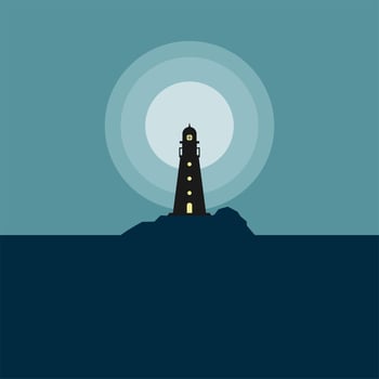 lighthouse on the seashore with sunrise or sunset flat design vector illustration
