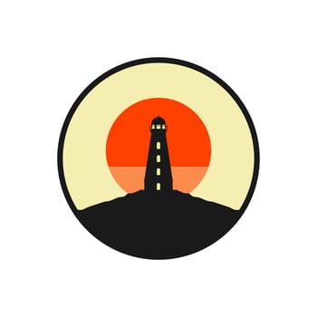 lighthouse on the edge of a cliff with sunrise or sunset flat design vector illustration