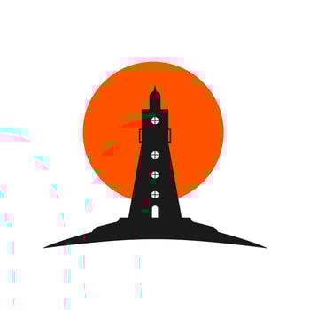 lighthouse on the edge of a cliff with sunrise or sunset flat design vector illustration
