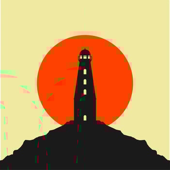 lighthouse on the edge of a cliff with sunrise or sunset flat design vector illustration