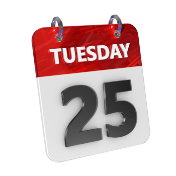 Tuesday 25 Date 3D Icon Isolated, Shiny and Glossy 3D Rendering, Month Date Day Name, Schedule, History png