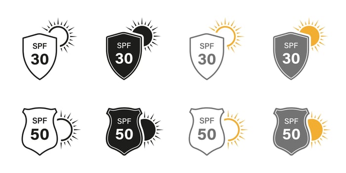 Sun Protection Line and Silhouette Icon Set. Sunblock SPF 30 50 Skin Protect Pictogram. Shield Block Ultraviolet Rays Symbol Collection. Summer Cream, Solar Safety Label. Isolated Vector Illustration.