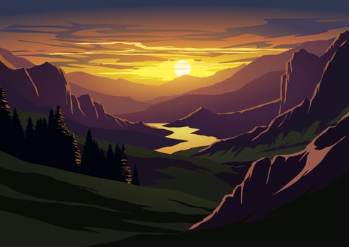 Mountain sunset landscape with valley and river vector
