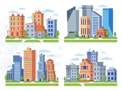 Real estate buildings. City houses cityscape, town apartment house building and urban residential district vector illustration set