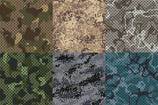 Camouflage khaki texture. Army fabric seamless forest and sand camo netting pattern vector textures set