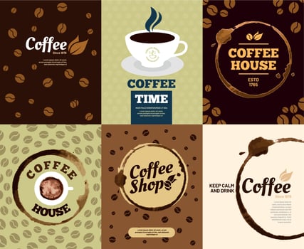 Coffee posters. Cafe stain poster or spill splash coffee stained card. Retro vector illustration set