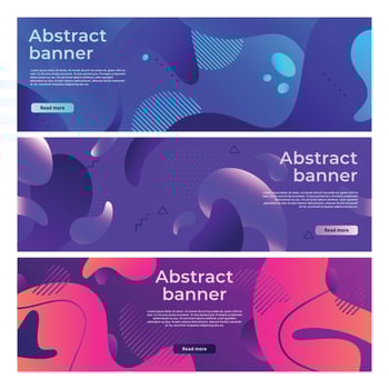 Abstract fluid shapes banner. Softly liquid shape flux, color splash gradient and colorful horizontal banners vector background set