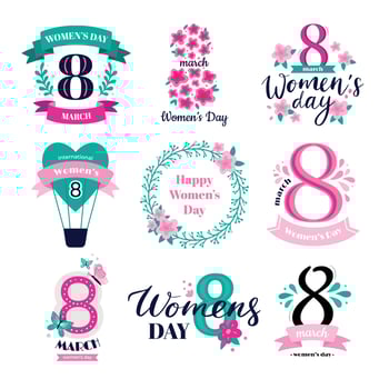 Eight march badges. International Womens Day congratulations, 8 logo and happy woman badge greeting card vector illustration set