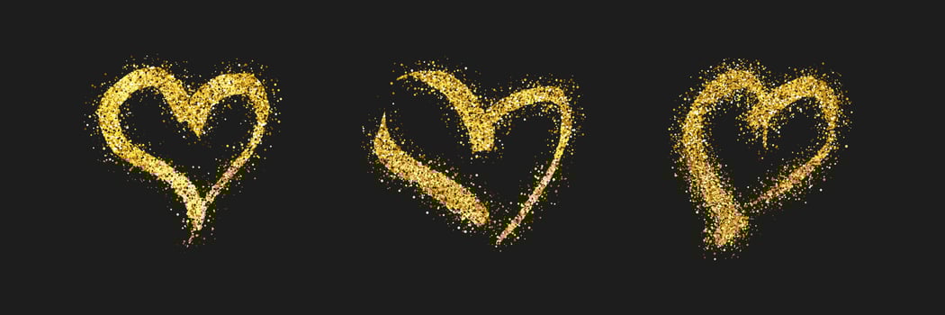 Set of three gold glitter doodle hearts on dark background. Gold grunge hand drawn heart. Romantic love symbol. Vector illustration.