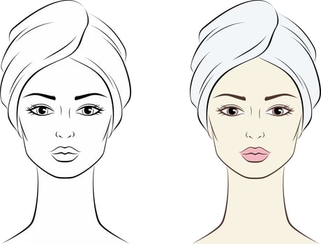 Female portrait in a towel on her head. Skin care. Woman portrait. Vector illustration.