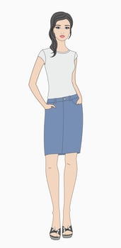 Woman with long hair wearing t shirt and denim skirt. Female silhouette. Vector illustration