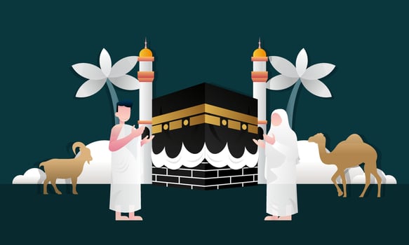 Islamic pilgrimage praying for hajj mabroor illustration vector