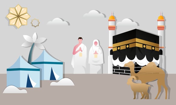 Islamic pilgrimage praying for hajj mabroor illustration vector