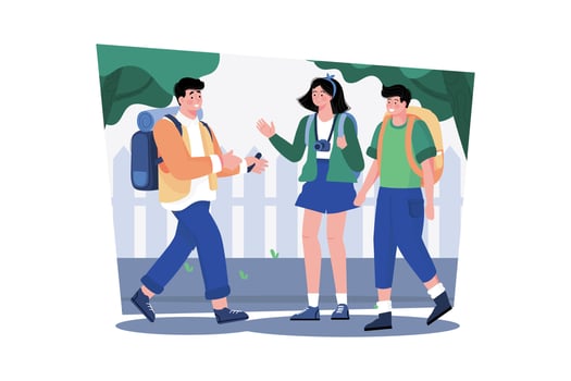 Backpacker sharing travel stories with fellow travelers. vector