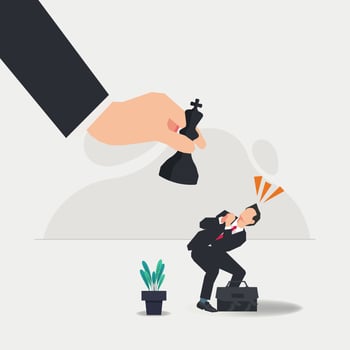 Businessman afraid with big chessman on a big hand design vector illustration