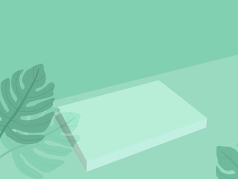 Vector - Rectangle stage and Philodendron leaves on green background. Can be use for advertising to show your product. Copy space. 3D.
