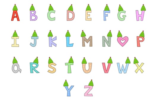 Vector - Cute English Alphabet ABC..XYZ with hat Christmas green tree. Xmas, New Year season. Can be use decorate any card, web, poster, banner.