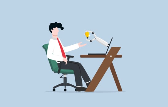 Artificial intelligence assistant, applying machine learning to work, data analysis with chatbot concept, Businessman receiving knowledge from robotic hand coming out of laptop screen. vector