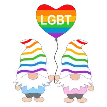 Vector - Two Gnome wearing rainbow hat and holding LGBT Pride heart balloon.