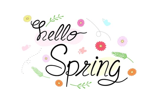 Vector - Lettering Hello Spring with flower, green leaves and cute butterfly.
