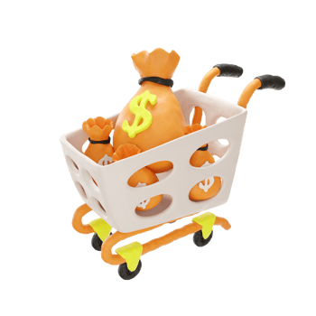 Shopping basket with money bags 3d png