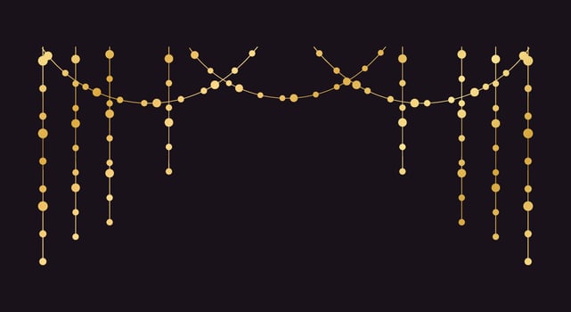 Vector horizontal border of abstract gold string light garlands. Festive decoration with shiny Christmas lights. Glowing bulbs of the different sizes.