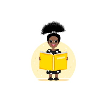 A little girl holds a book in her hands. School and education. vector