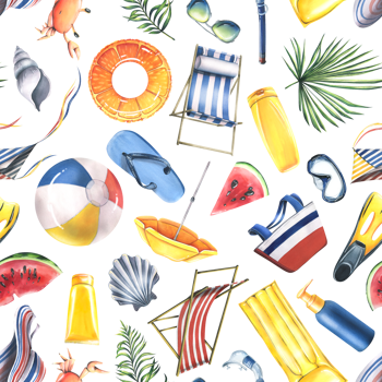 Beach summer accessories, sea holiday toys. Watercolor illustration, hand drawn. Seamless pattern  for fabric, textile, wallpapers, packaging, decor, prints. png
