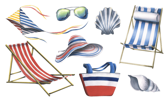 Beach summer set of striped beach holiday accessories with seashells and sunglasses. Hand-drawn watercolor illustration. Isolated objects png