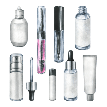 A set of jars, tubes, dispensers for cosmetics. Watercolor illustration, hand drawn. Isolated objects. For advertising, product design, cosmetology, shops and beauty salons. png