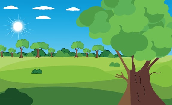 Vector nature landscape background. Cute simple  cartoon style. colourful trees and sun, green grass and sky.