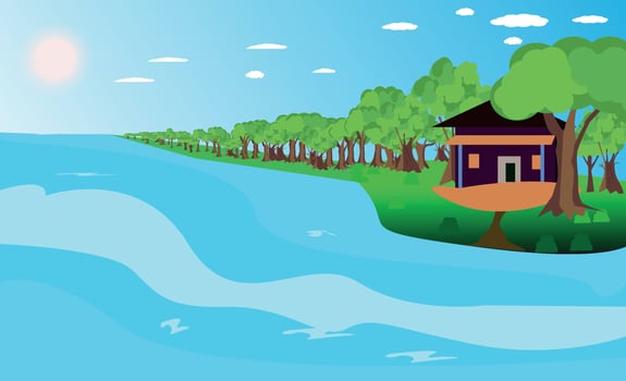 Vector illustration of a beautiful summer. sun river home and colourful tree